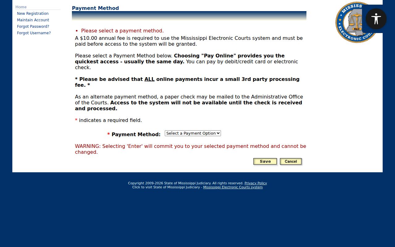 Lincoln County civil docket PAMEC payment method screen