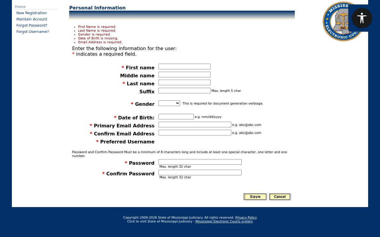 Lincoln County civil docket PAMEC registration information screen