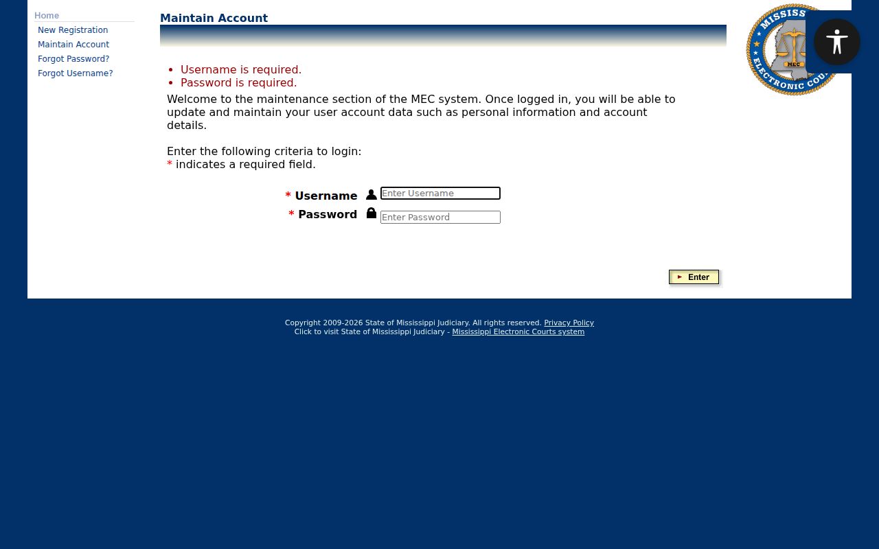 Lincoln County criminal docket PAMEC login and account maintenance screen